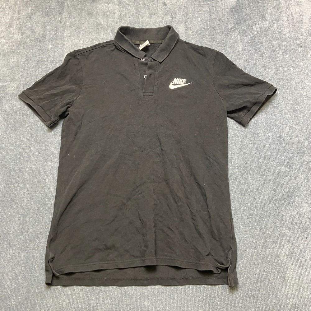 Nike Polo Shirt Mens Medium Black Cotton Logo Side Slit Golf Tennis Performance